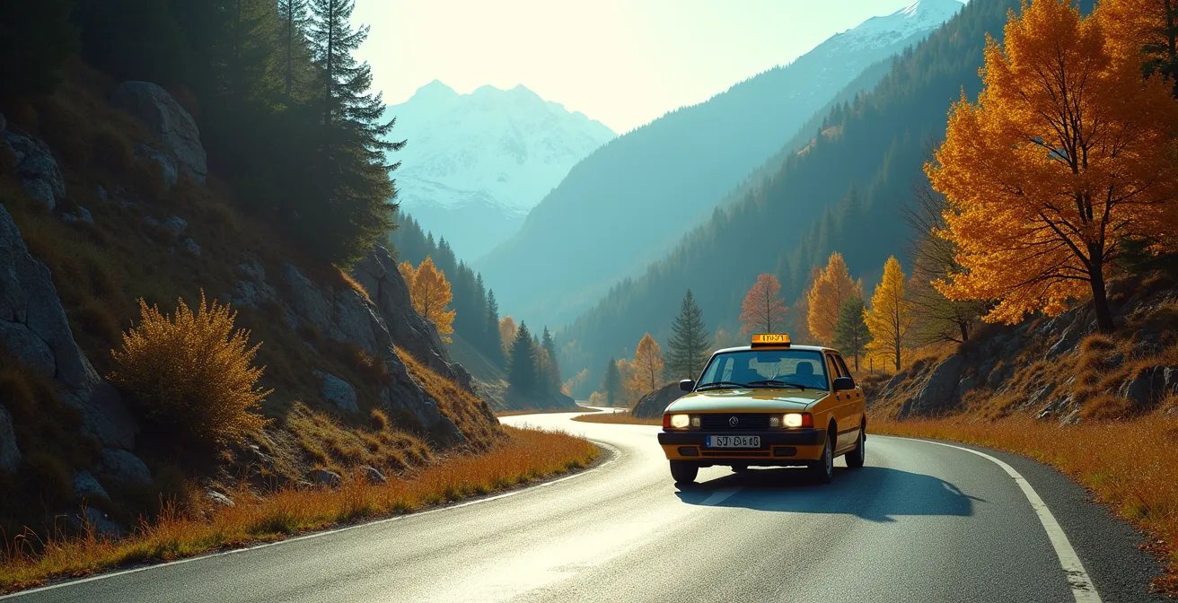 Photographie réaliste d'un taxi local stationné sur une route de montagne en Haute-Savoie avec un paysage d'automne en arrière-plan, ciel clair, composition en règle des tiers avec un espace négatif dégagé