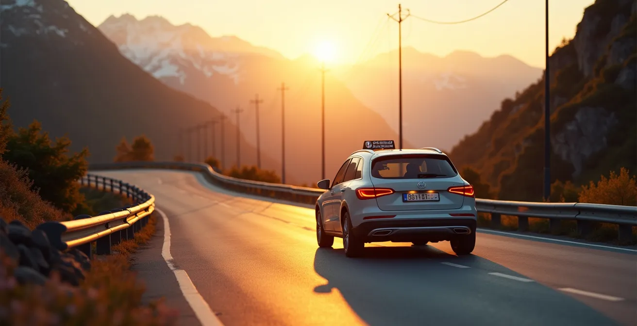 Vue panoramique d'un taxi circulant sur une route de montagne en Haute-Savoie, soleil couchant avec lumière douce